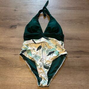 Holipick Women's 2XL Green Halter One-Piece Swimsuit Tropical Floral NWOT